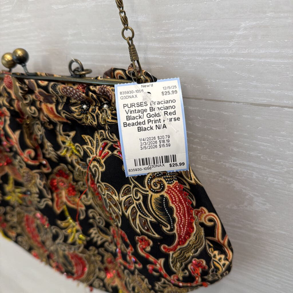 Vintage Braciano Black/ Gold/ Red Beaded Print Purse