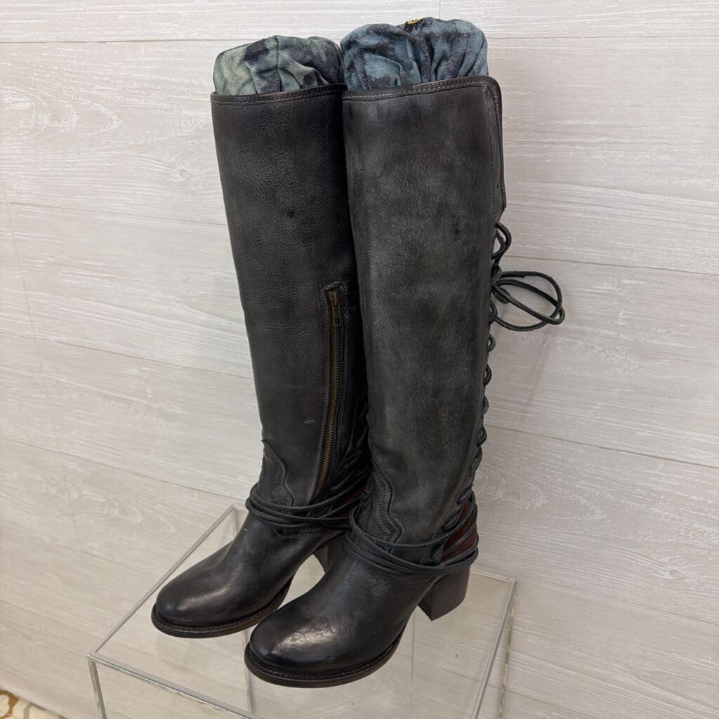 Freebird Black Leather Lace Up Back Tall Boots 8