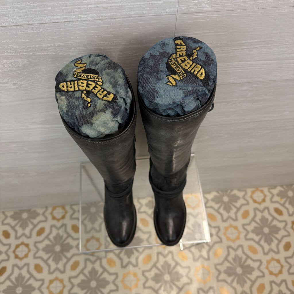 Freebird Black Leather Lace Up Back Tall Boots 8