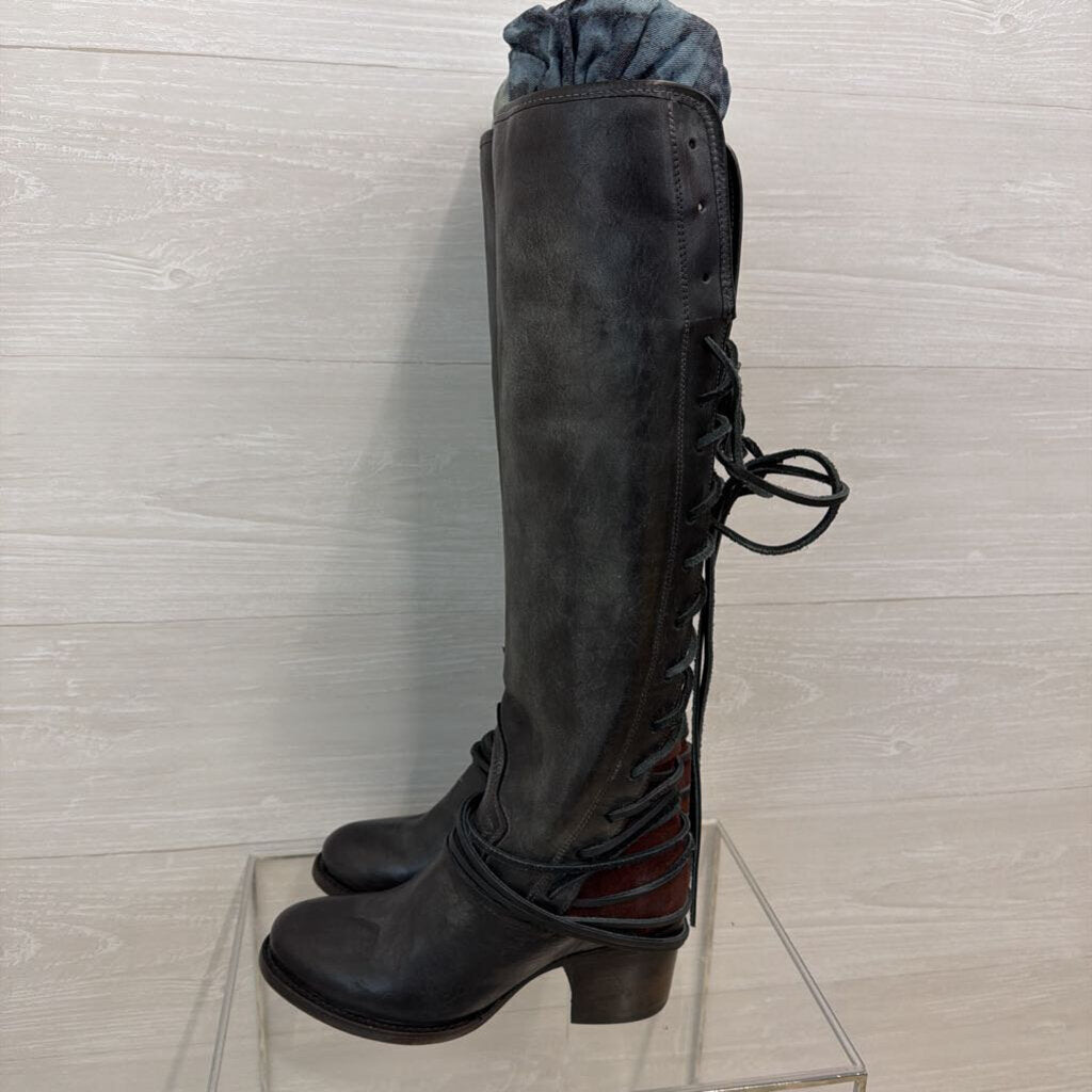 Freebird Black Leather Lace Up Back Tall Boots 8