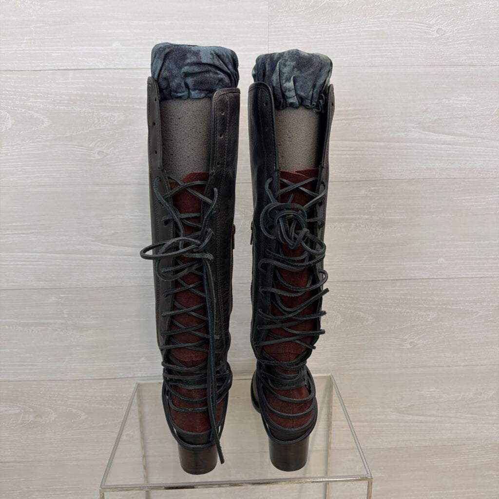 Freebird Black Leather Lace Up Back Tall Boots 8