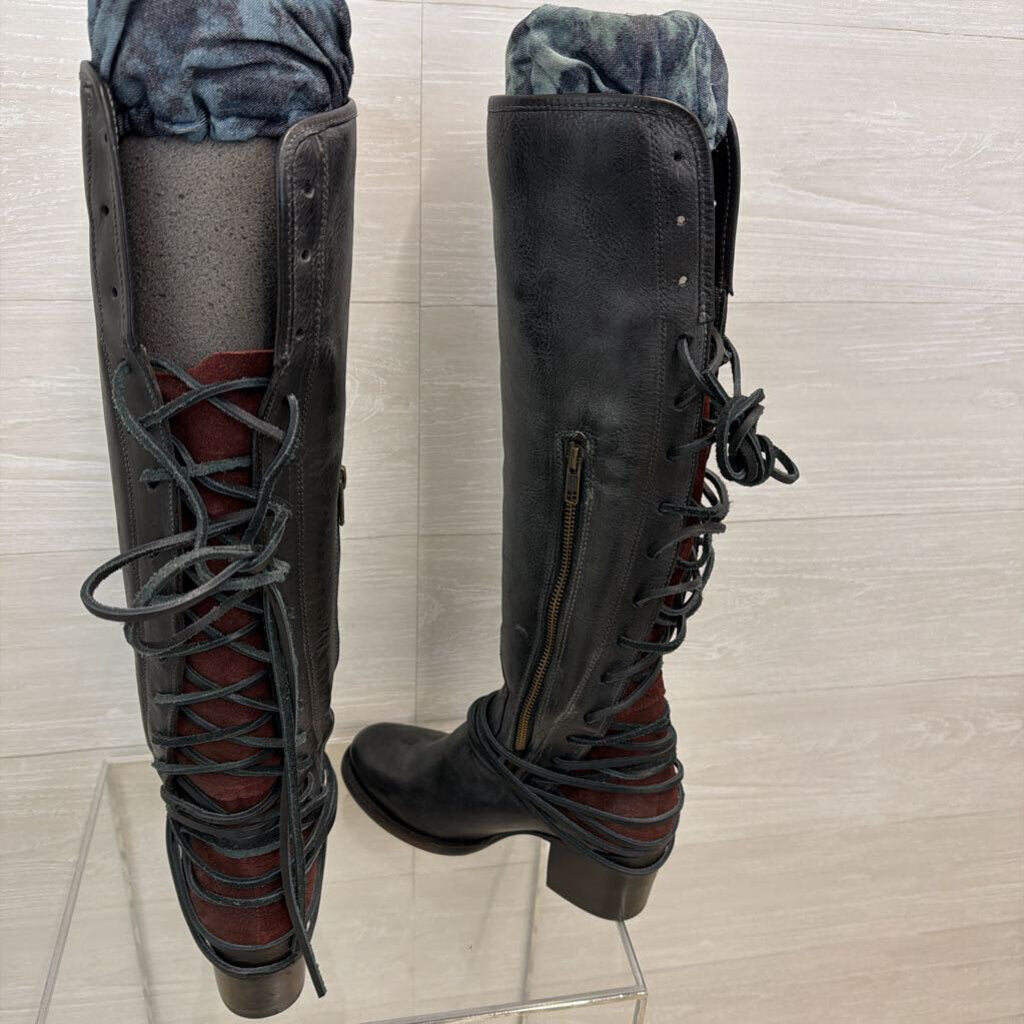 Freebird Black Leather Lace Up Back Tall Boots 8