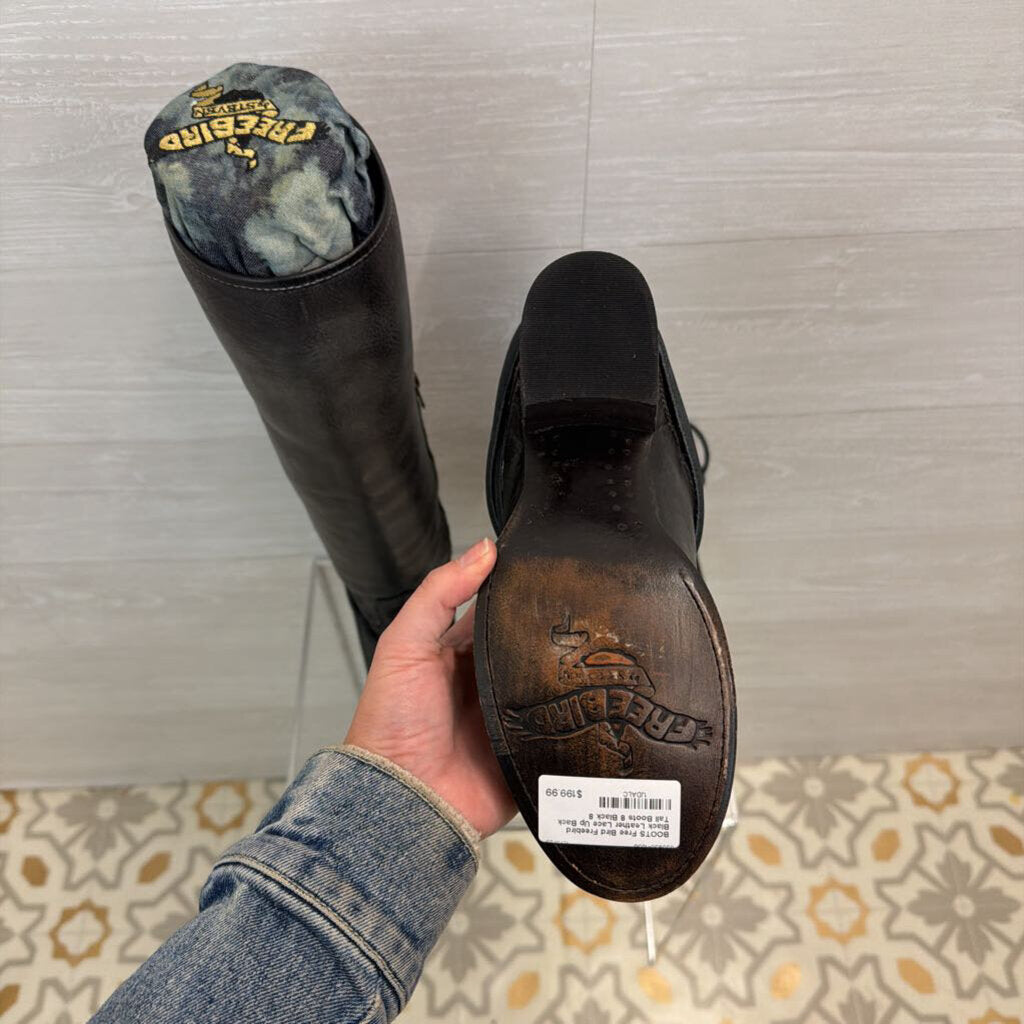 Freebird Black Leather Lace Up Back Tall Boots 8