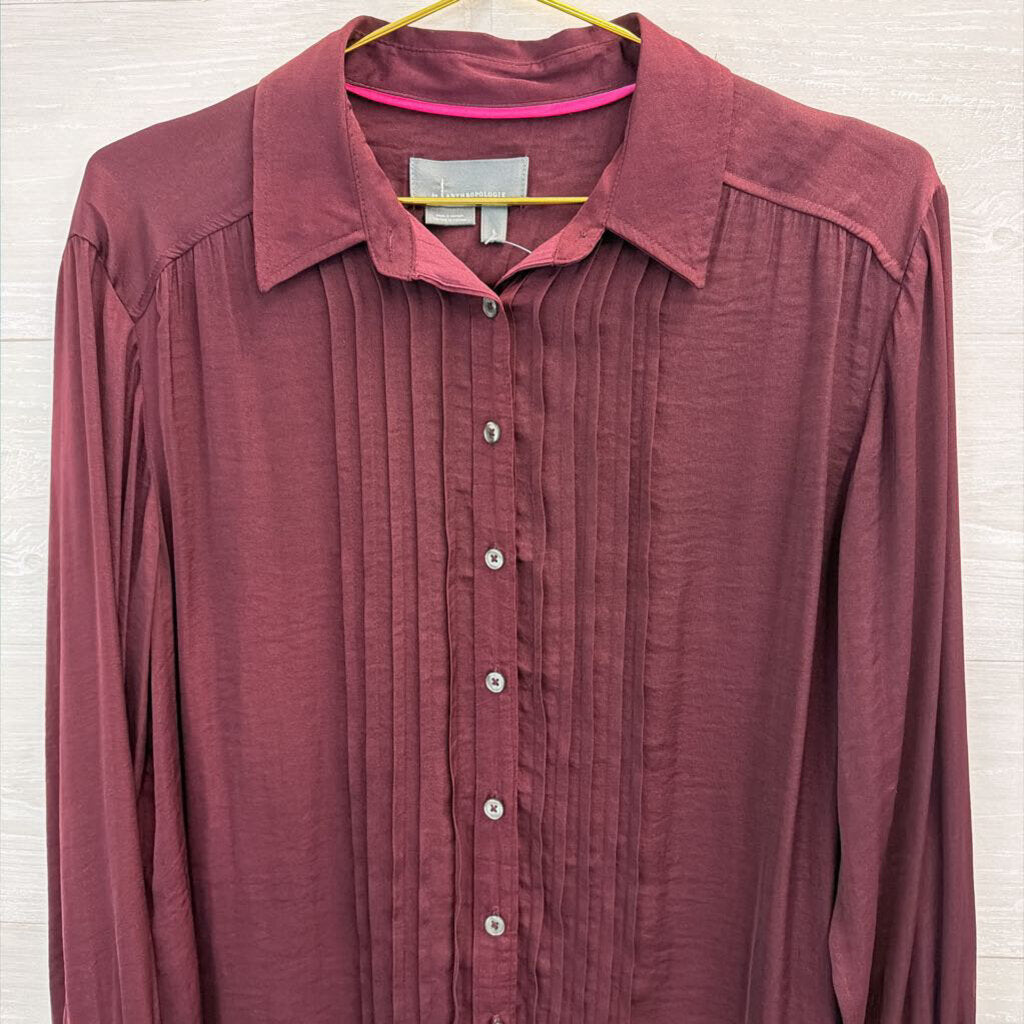 Anthropologie Burgundy Silky Pleated Long Sleeve Button Down Top Small