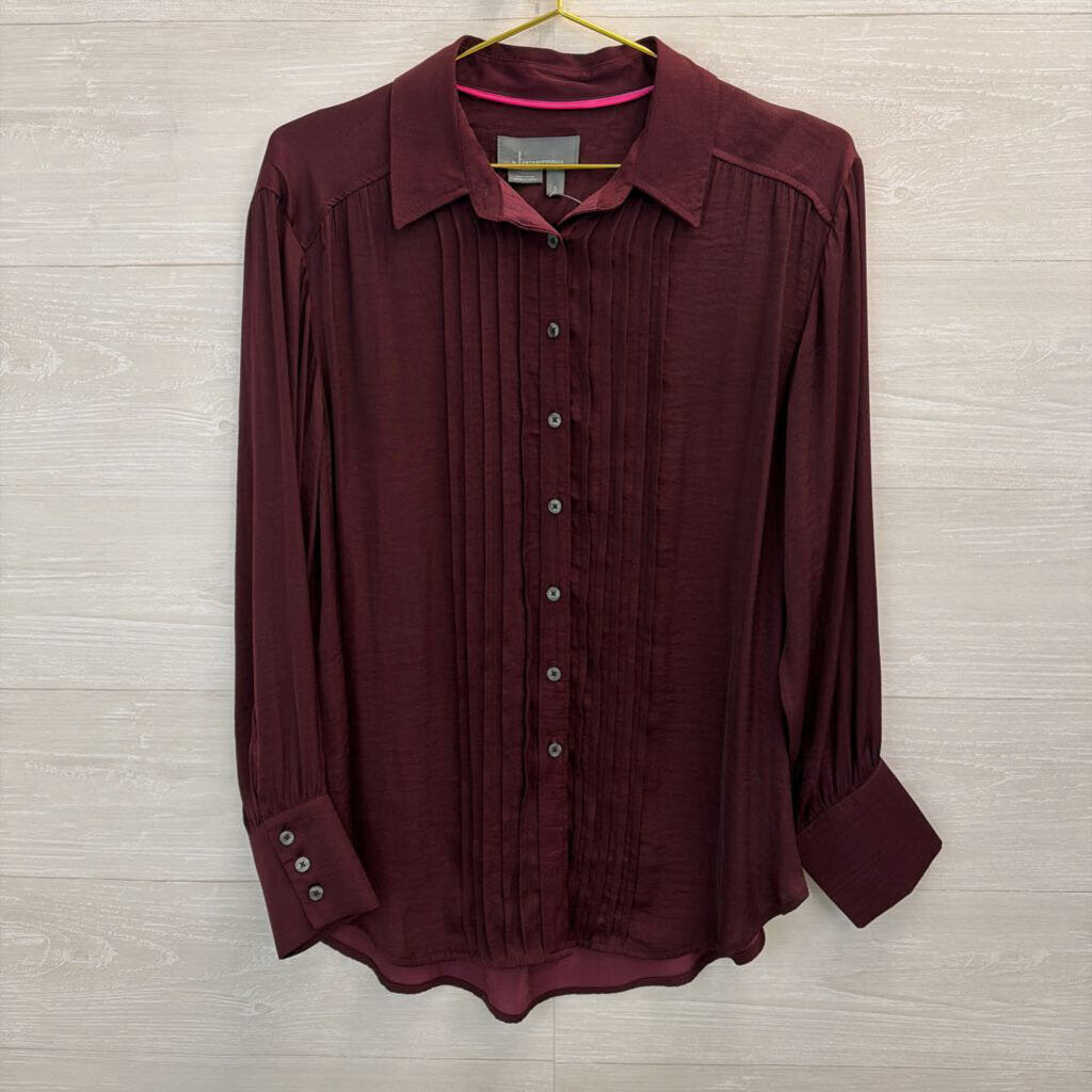 Anthropologie Burgundy Silky Pleated Long Sleeve Button Down Top Small
