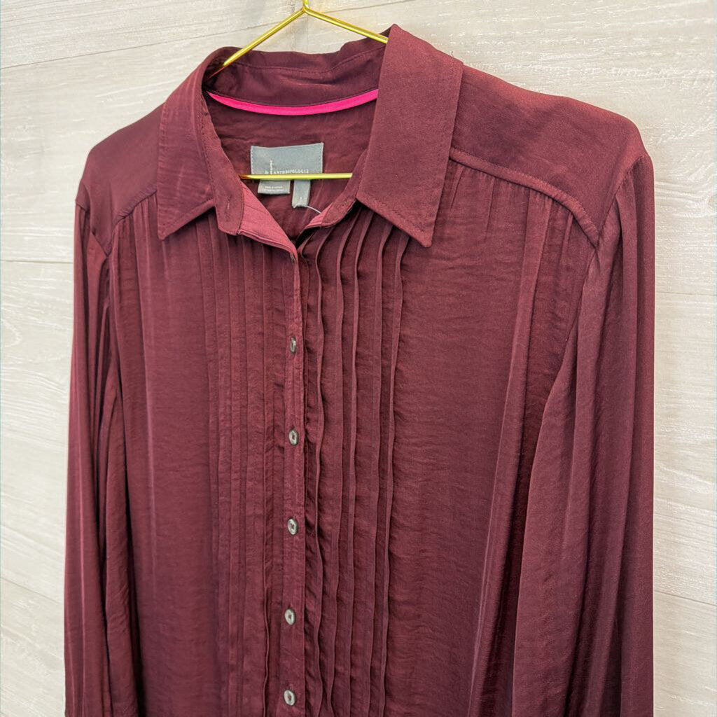 Anthropologie Burgundy Silky Pleated Long Sleeve Button Down Top Small