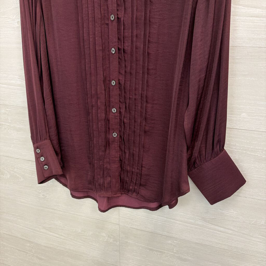 Anthropologie Burgundy Silky Pleated Long Sleeve Button Down Top Small