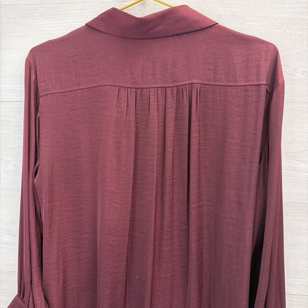 Anthropologie Burgundy Silky Pleated Long Sleeve Button Down Top Small