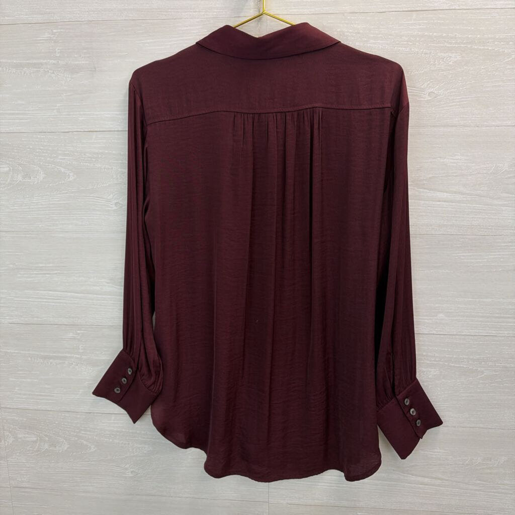 Anthropologie Burgundy Silky Pleated Long Sleeve Button Down Top Small