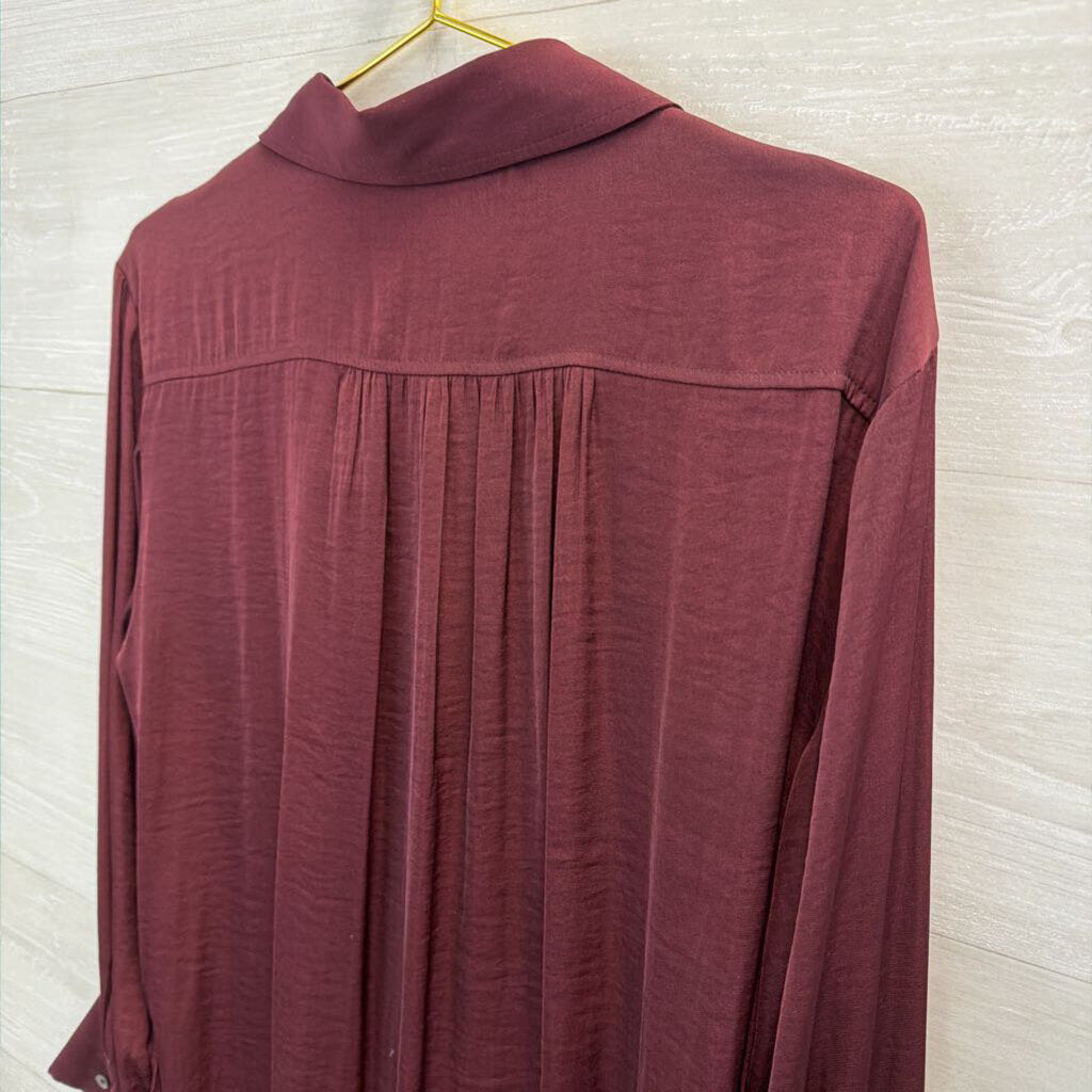 Anthropologie Burgundy Silky Pleated Long Sleeve Button Down Top Small