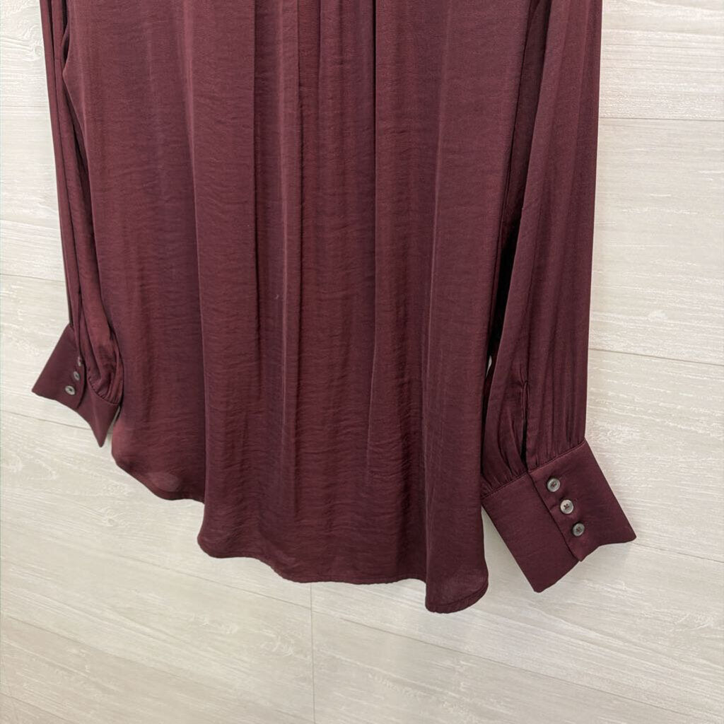 Anthropologie Burgundy Silky Pleated Long Sleeve Button Down Top Small