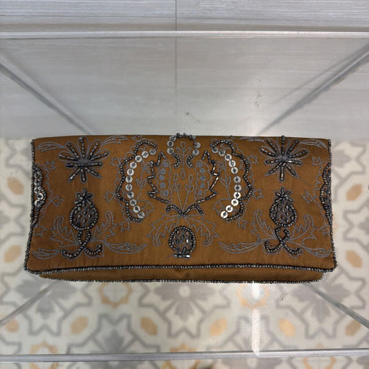Brown/ Grey Silky Beaded Clutch Purse