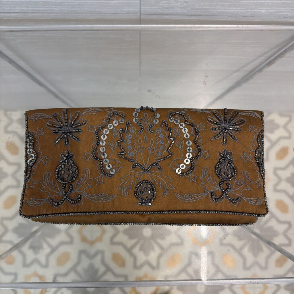 Brown/ Grey Silky Beaded Clutch Purse