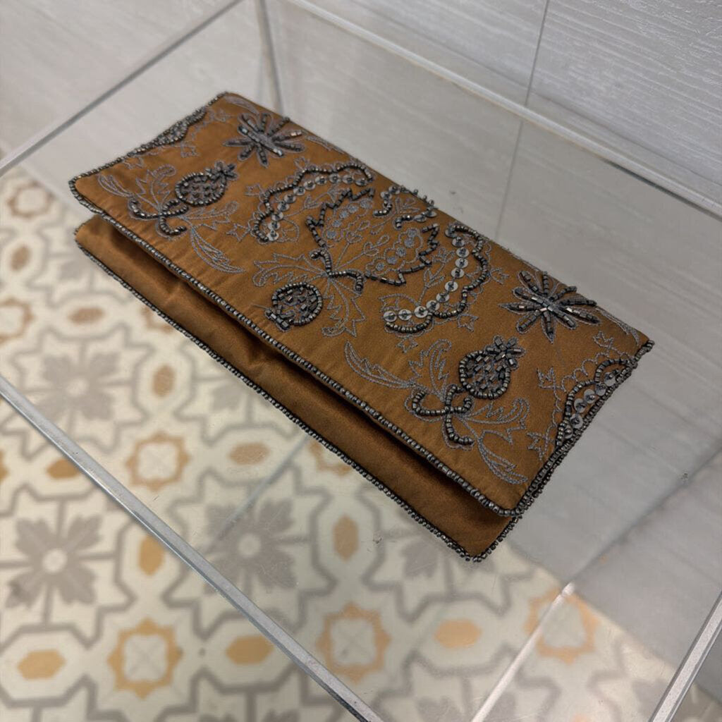Brown/ Grey Silky Beaded Clutch Purse