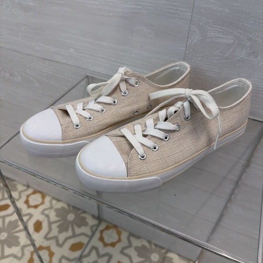White/ Beige Canvas Lace Up Low Top Sneakers 8
