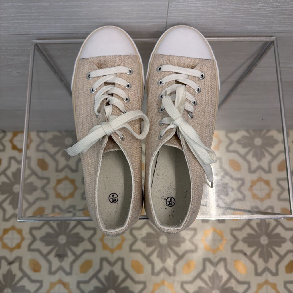 White/ Beige Canvas Lace Up Low Top Sneakers 8