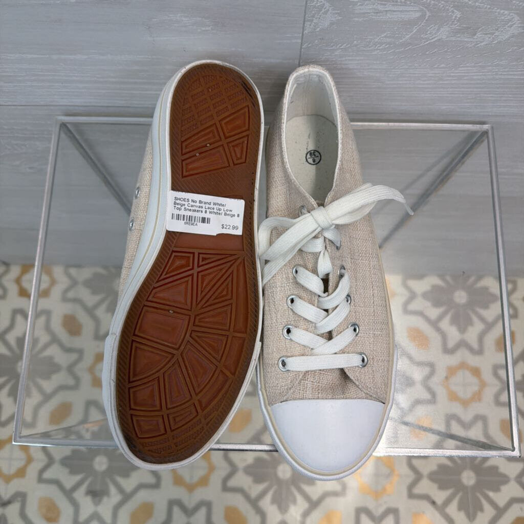 White/ Beige Canvas Lace Up Low Top Sneakers 8