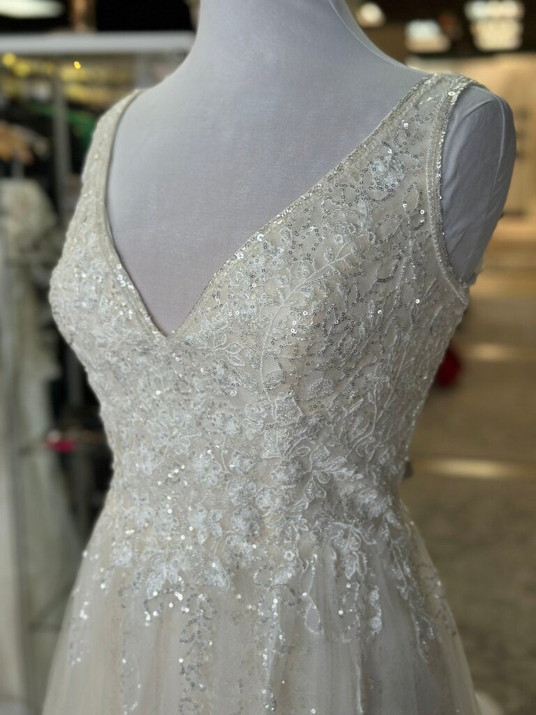 Galina Signature Ivory/ Lt Gold Sequin Beaded V Neck A Line Bridal Gown 14