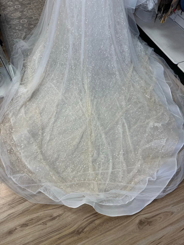 Galina Signature Ivory/ Lt Gold Sequin Beaded V Neck A Line Bridal Gown 14