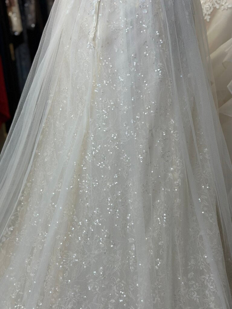 Galina Signature Ivory/ Lt Gold Sequin Beaded V Neck A Line Bridal Gown 14