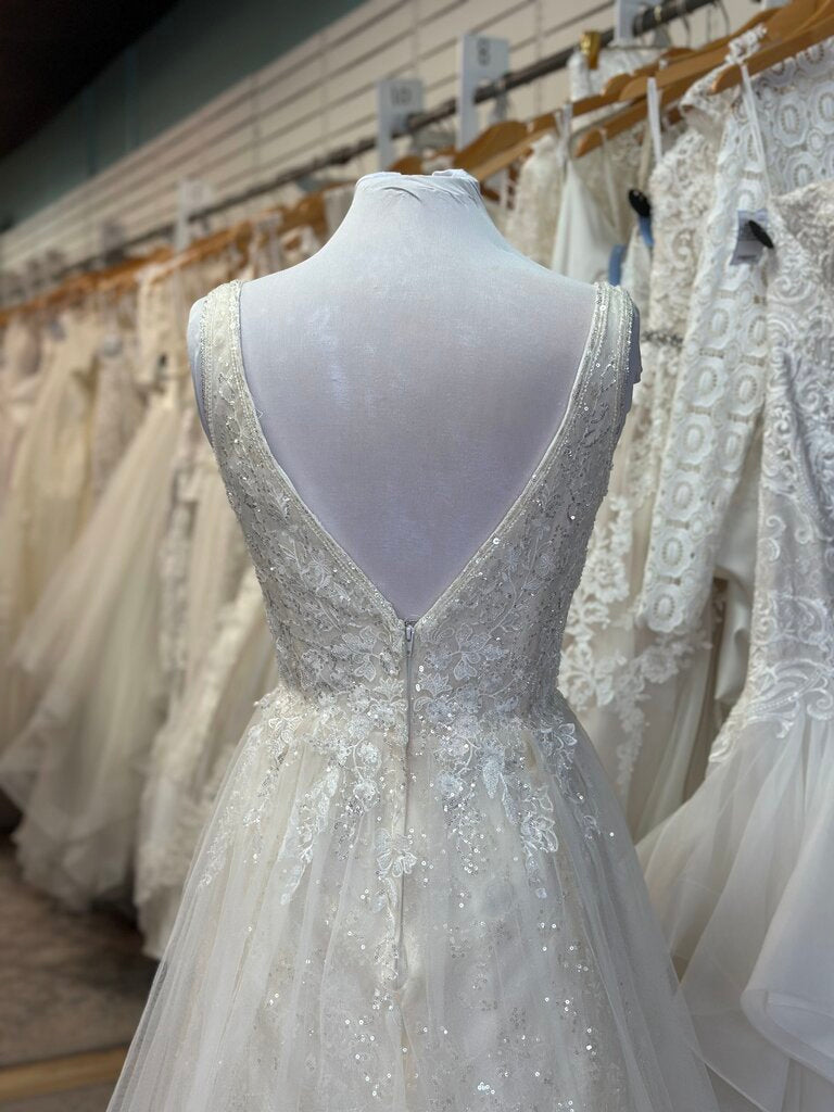 Galina Signature Ivory/ Lt Gold Sequin Beaded V Neck A Line Bridal Gown 14