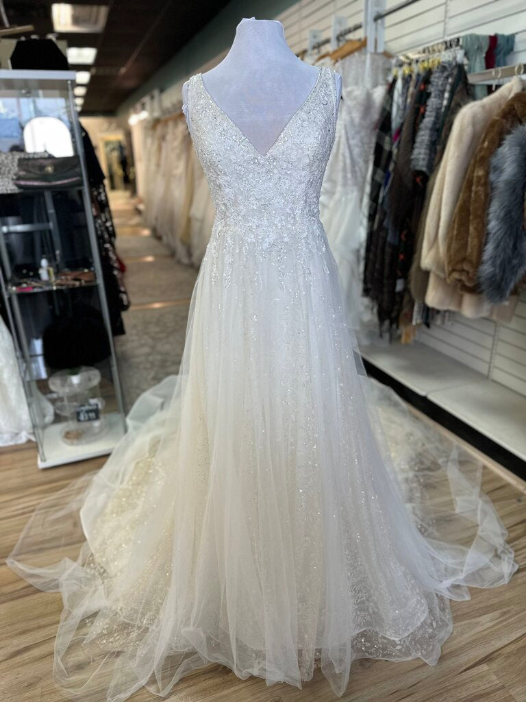 Galina Signature Ivory/ Lt Gold Sequin Beaded V Neck A Line Bridal Gown 14