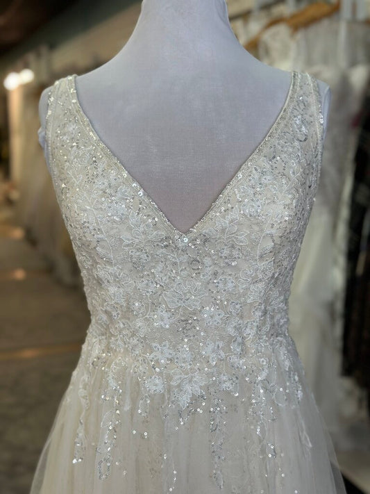 Galina Signature Ivory/ Lt Gold Sequin Beaded V Neck A Line Bridal Gown 14