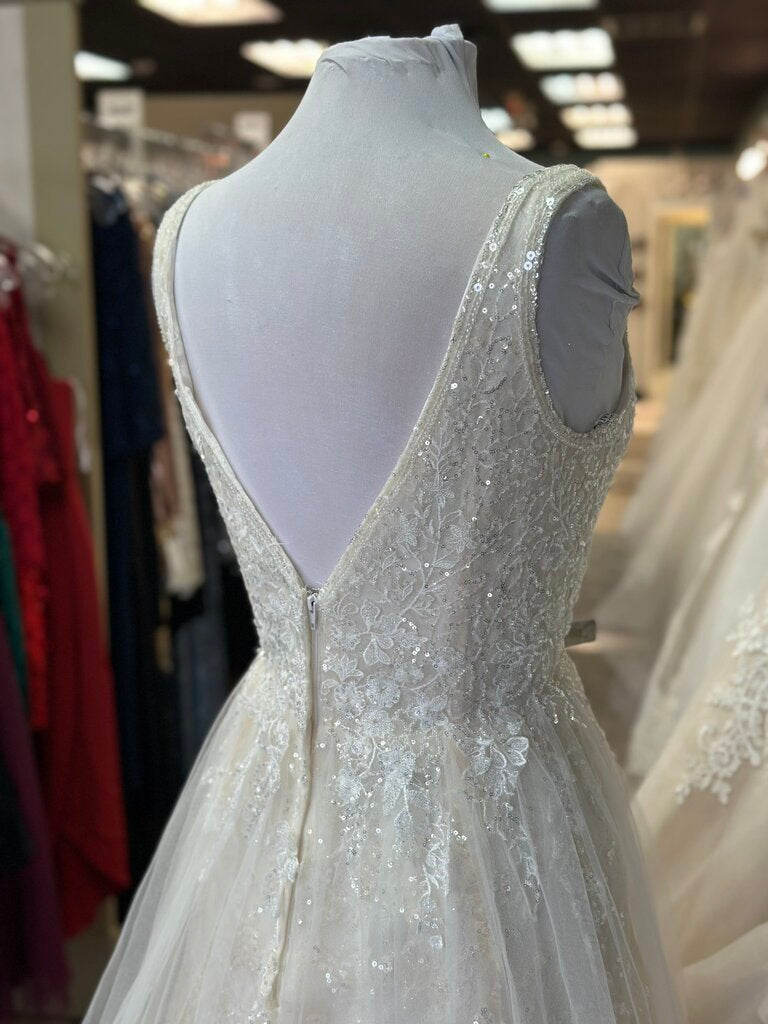 Galina Signature Ivory/ Lt Gold Sequin Beaded V Neck A Line Bridal Gown 14