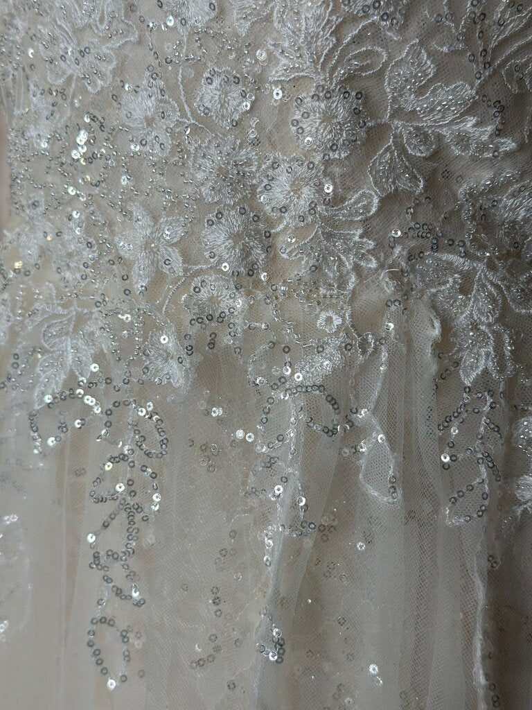 Galina Signature Ivory/ Lt Gold Sequin Beaded V Neck A Line Bridal Gown 14