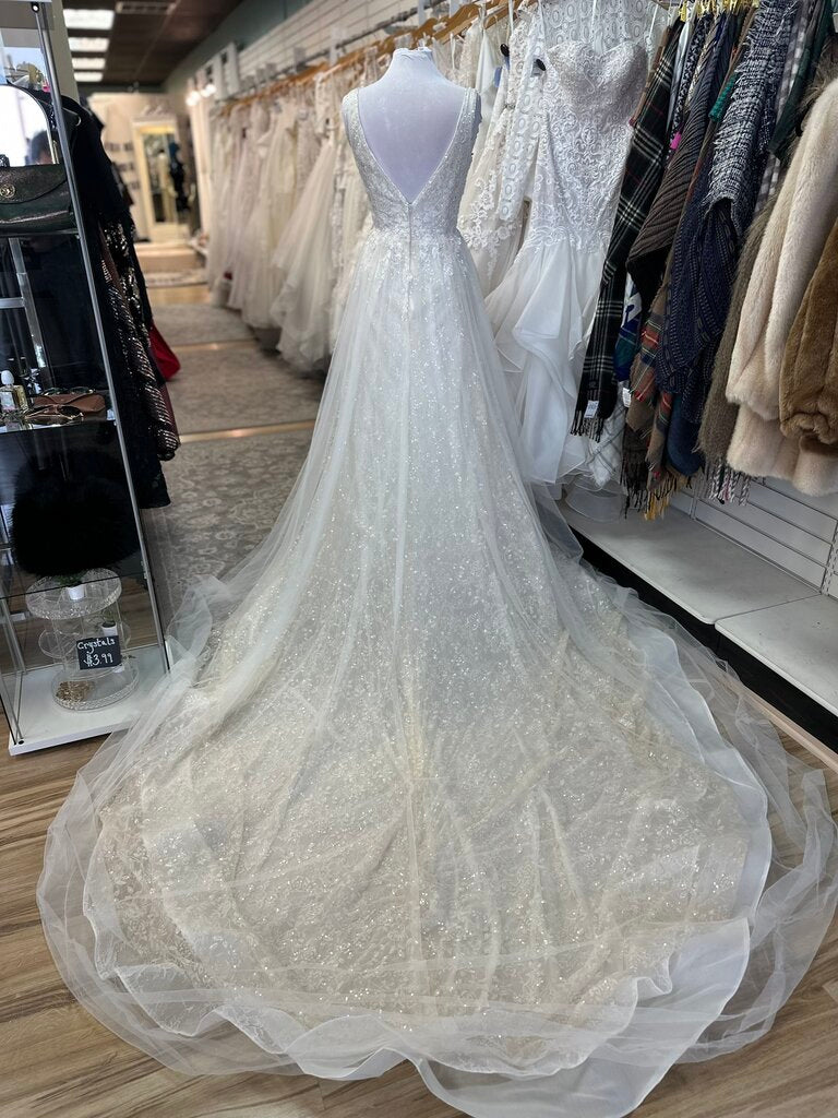 Galina Signature Ivory/ Lt Gold Sequin Beaded V Neck A Line Bridal Gown 14