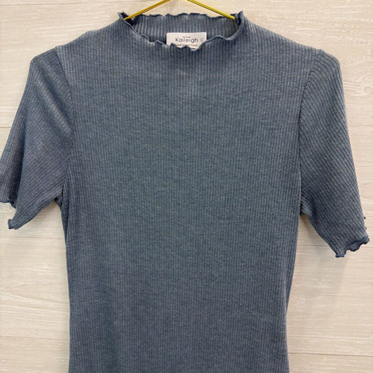 Kaileigh Blue Ribbed Mock Neck Short Sleeve Bodysuit Large