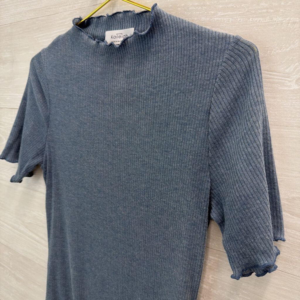 Kaileigh Blue Ribbed Mock Neck Short Sleeve Bodysuit Large