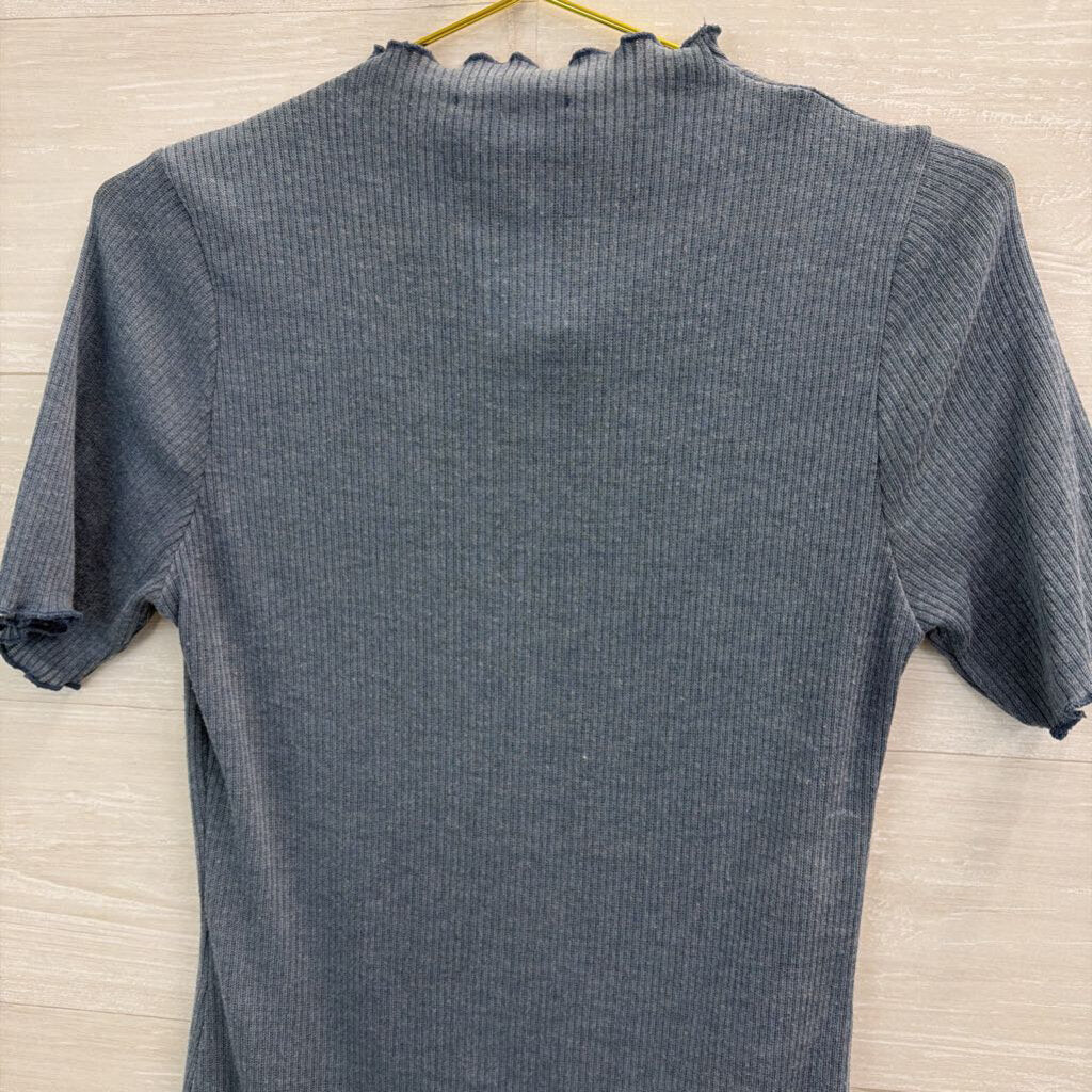 Kaileigh Blue Ribbed Mock Neck Short Sleeve Bodysuit Large