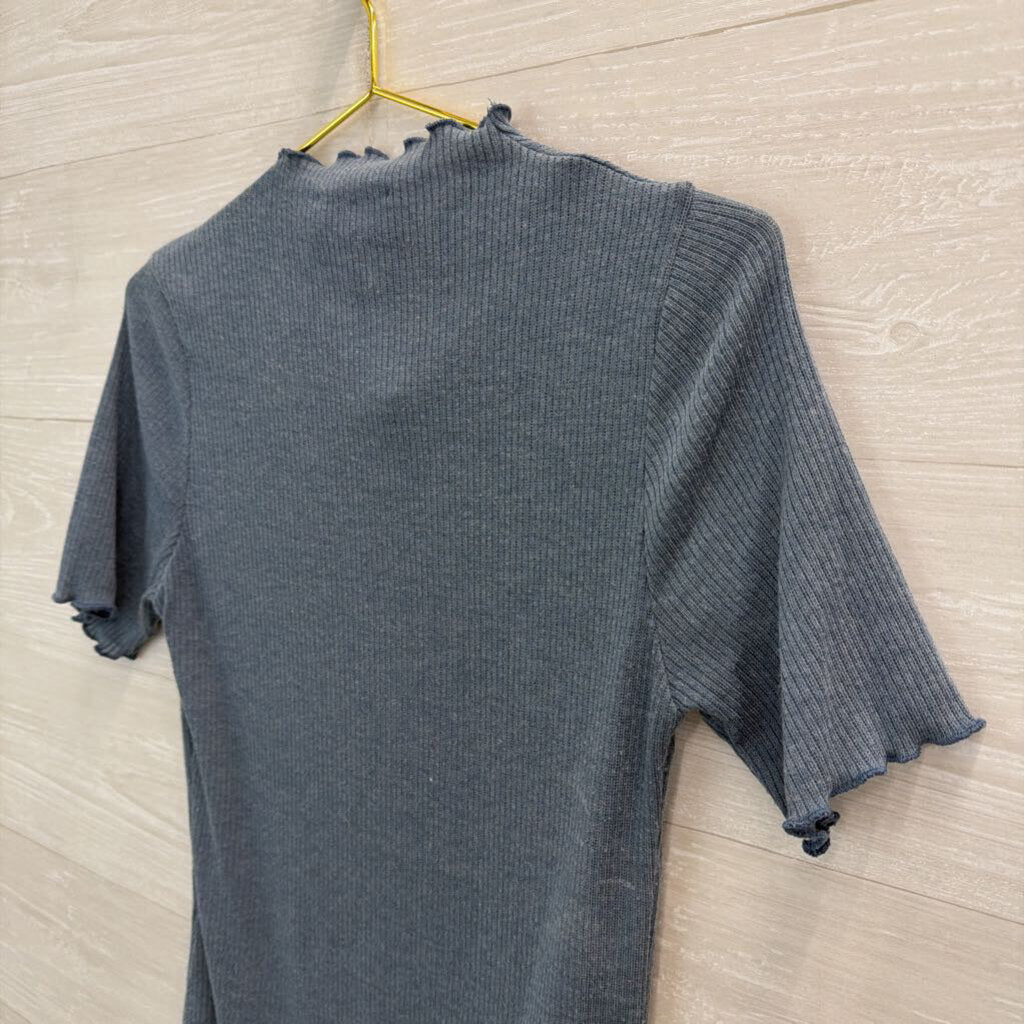 Kaileigh Blue Ribbed Mock Neck Short Sleeve Bodysuit Large