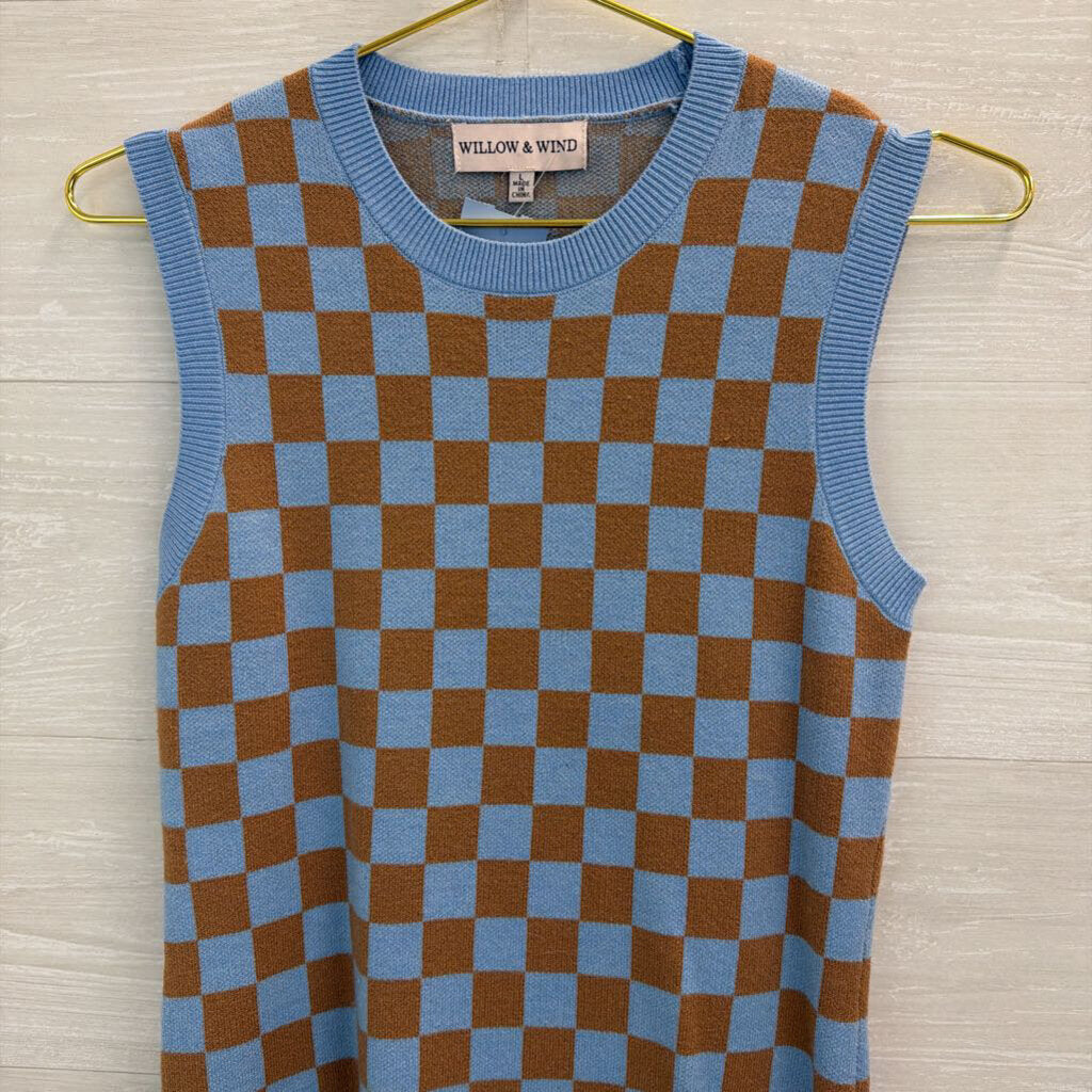 Willow and Wind Blue/ Brown Checkered Knit Sleeveless Dress Large