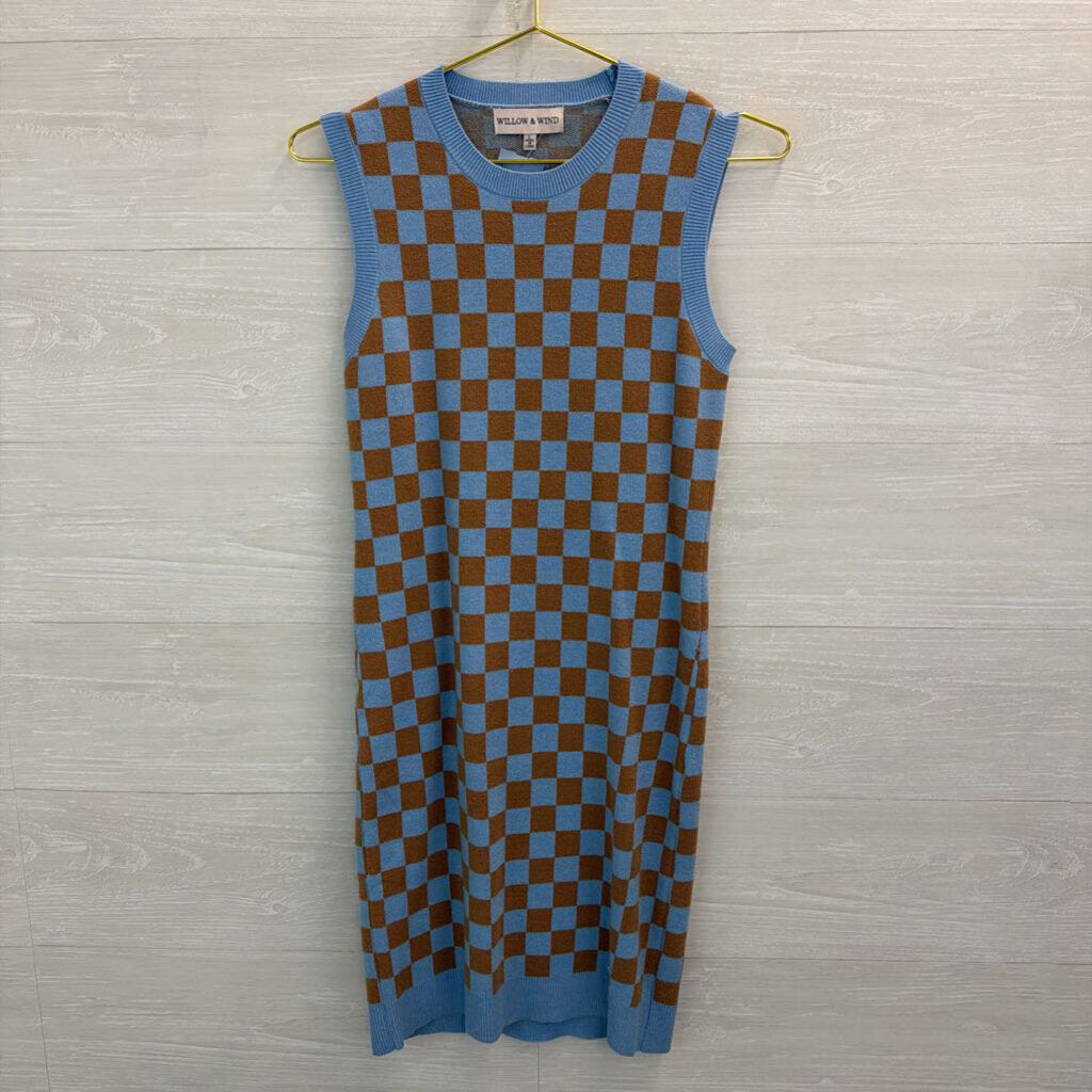 Willow and Wind Blue/ Brown Checkered Knit Sleeveless Dress Large