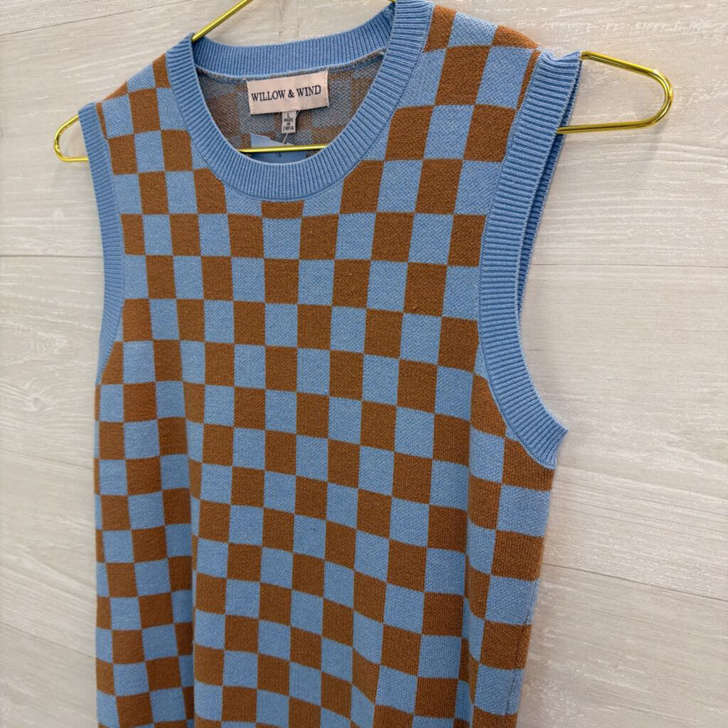 Willow and Wind Blue/ Brown Checkered Knit Sleeveless Dress Large
