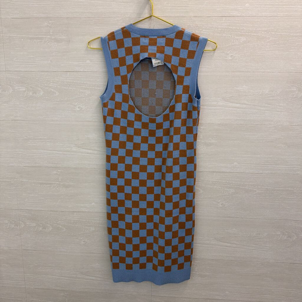 Willow and Wind Blue/ Brown Checkered Knit Sleeveless Dress Large