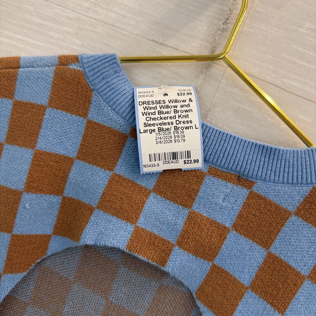Willow and Wind Blue/ Brown Checkered Knit Sleeveless Dress Large