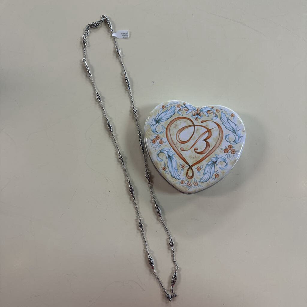 Brighton Silver Long Station Ornate Hearts with Flowers Barrel Necklace