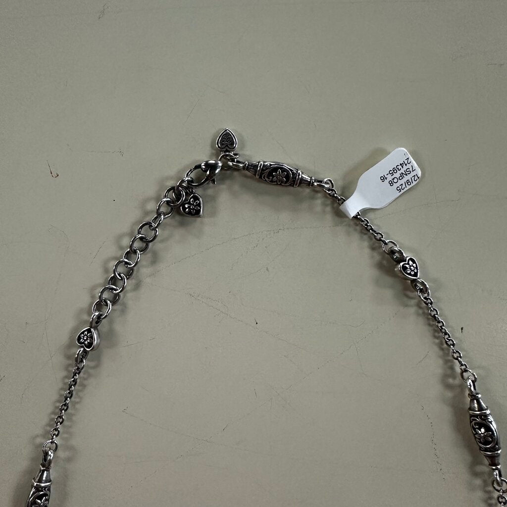 Brighton Silver Long Station Ornate Hearts with Flowers Barrel Necklace