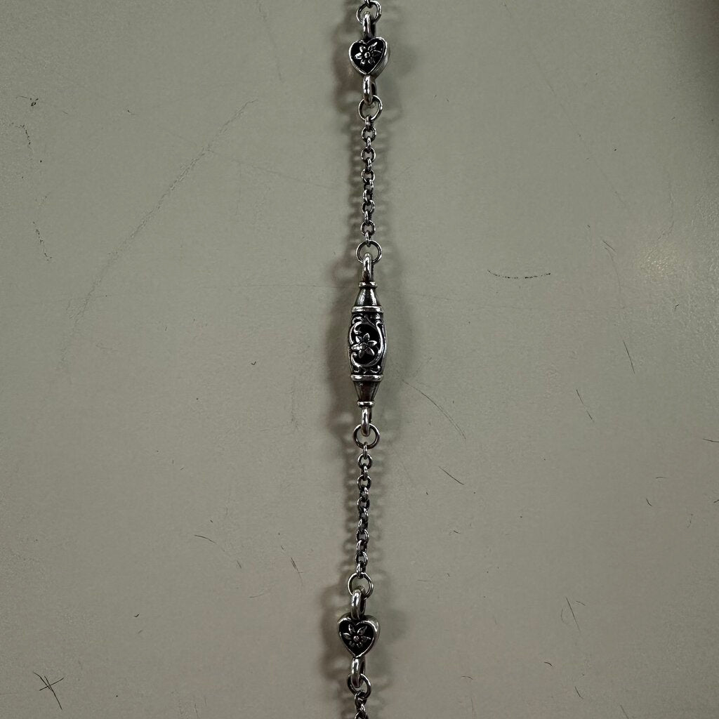 Brighton Silver Long Station Ornate Hearts with Flowers Barrel Necklace
