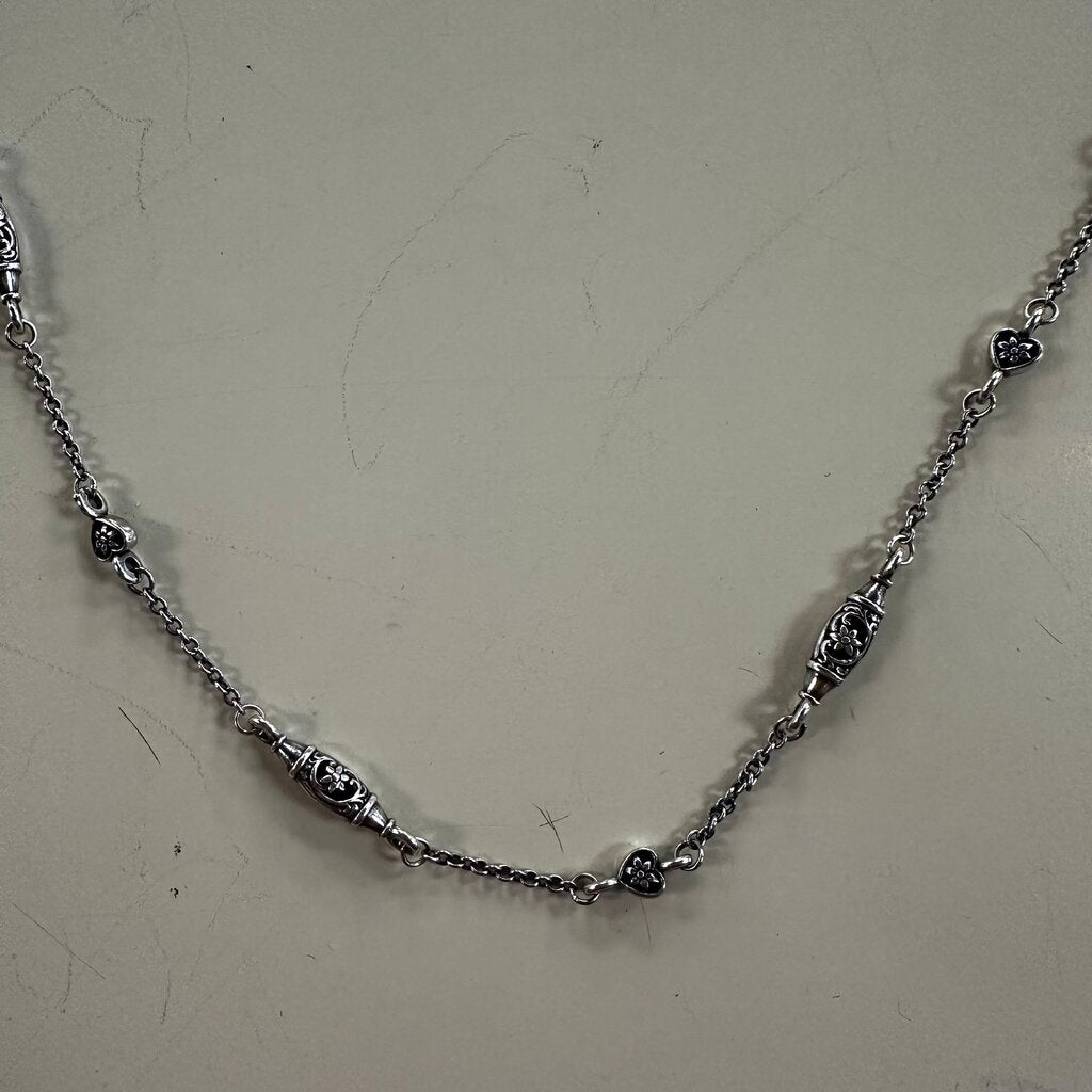 Brighton Silver Long Station Ornate Hearts with Flowers Barrel Necklace