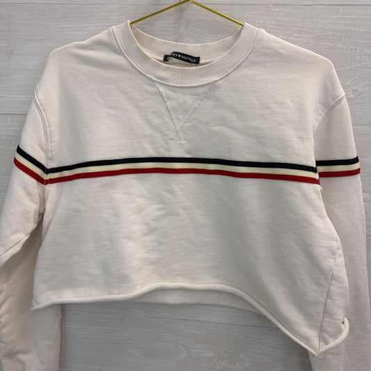 Brandy Melville White/ Navy Red Stripe Cropped Long Sleeve Top Small