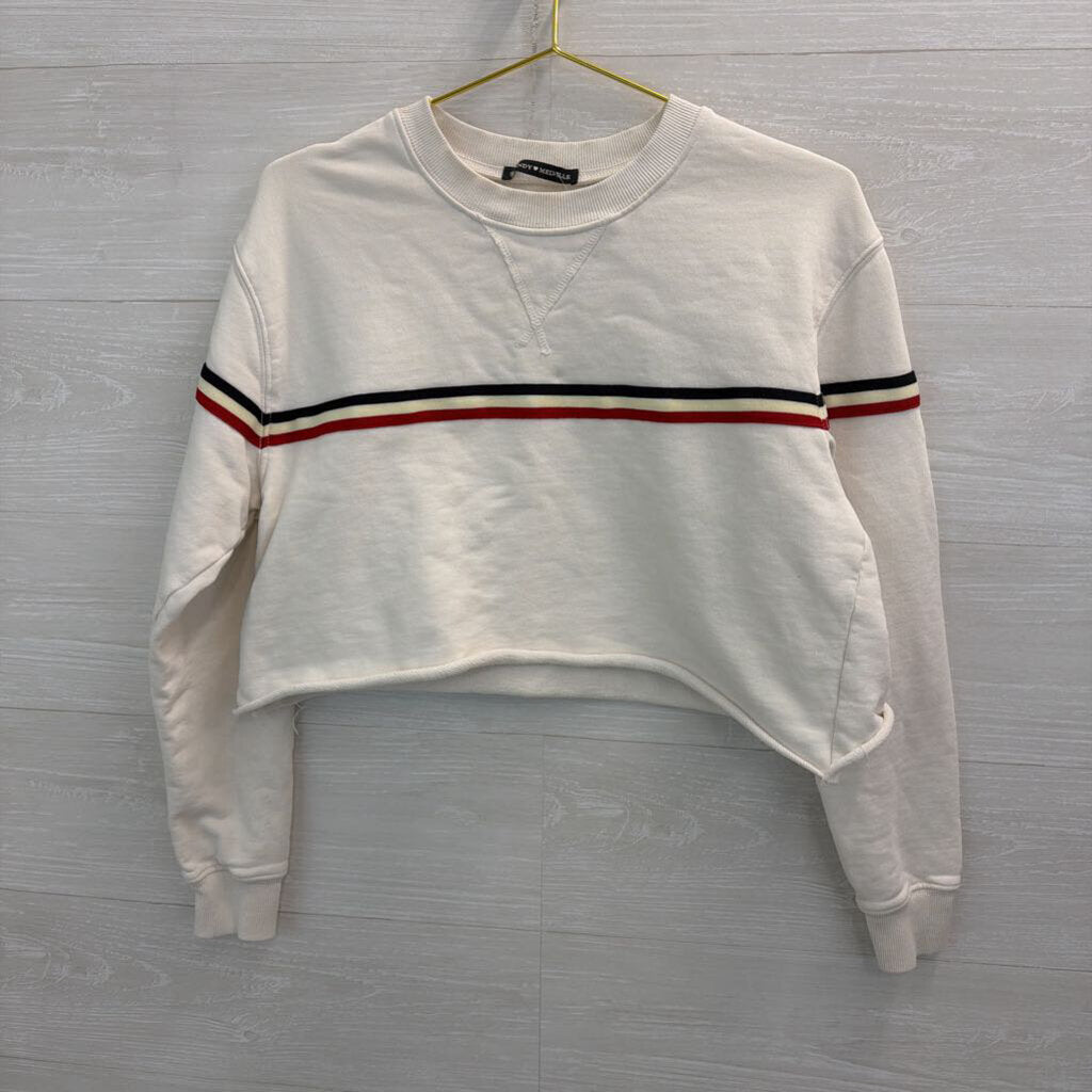 Brandy Melville White/ Navy Red Stripe Cropped Long Sleeve Top Small