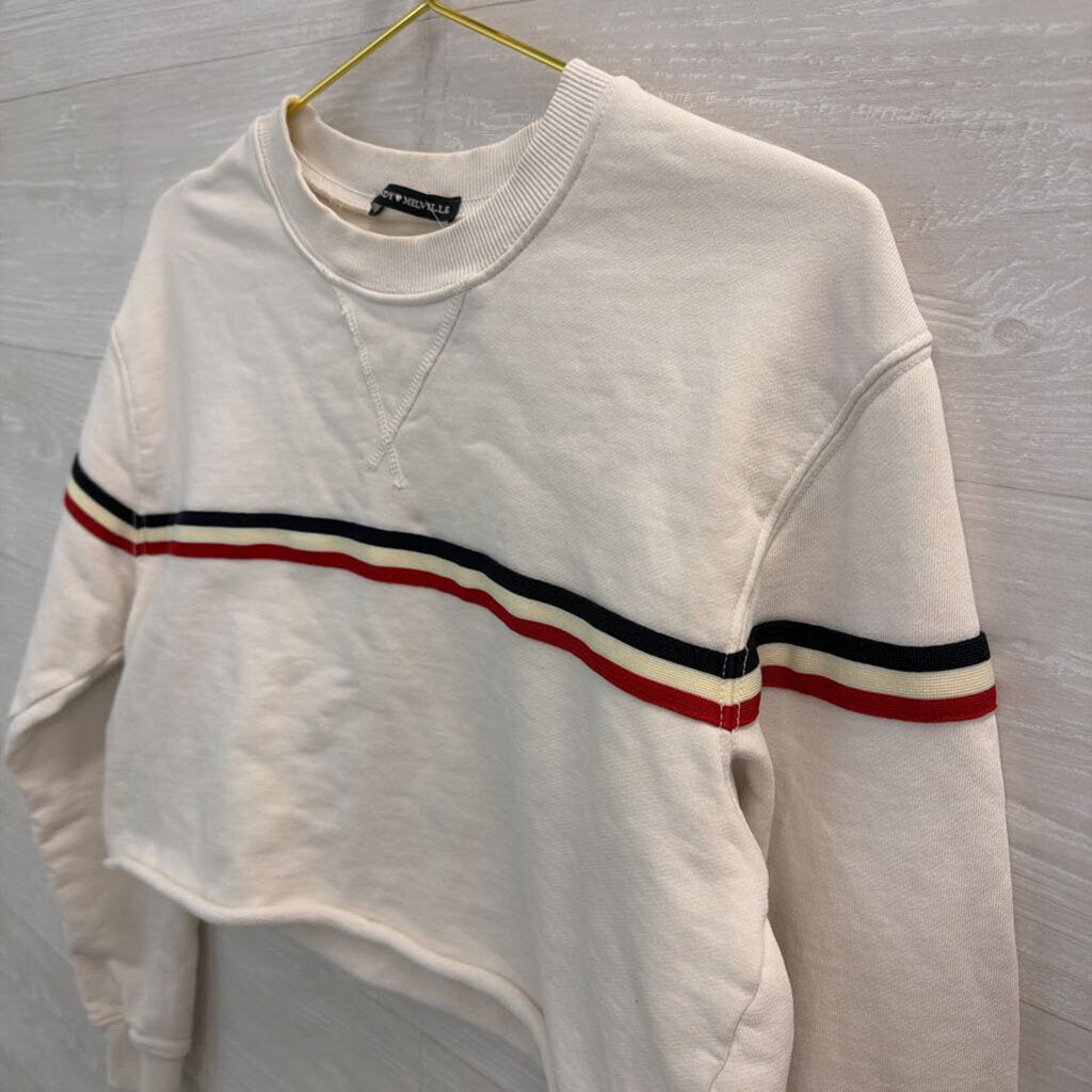Brandy Melville White/ Navy Red Stripe Cropped Long Sleeve Top Small