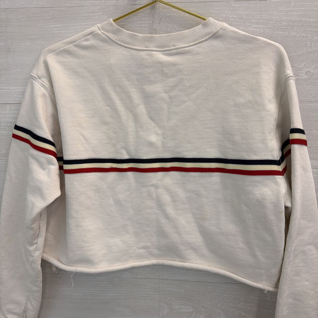 Brandy Melville White/ Navy Red Stripe Cropped Long Sleeve Top Small