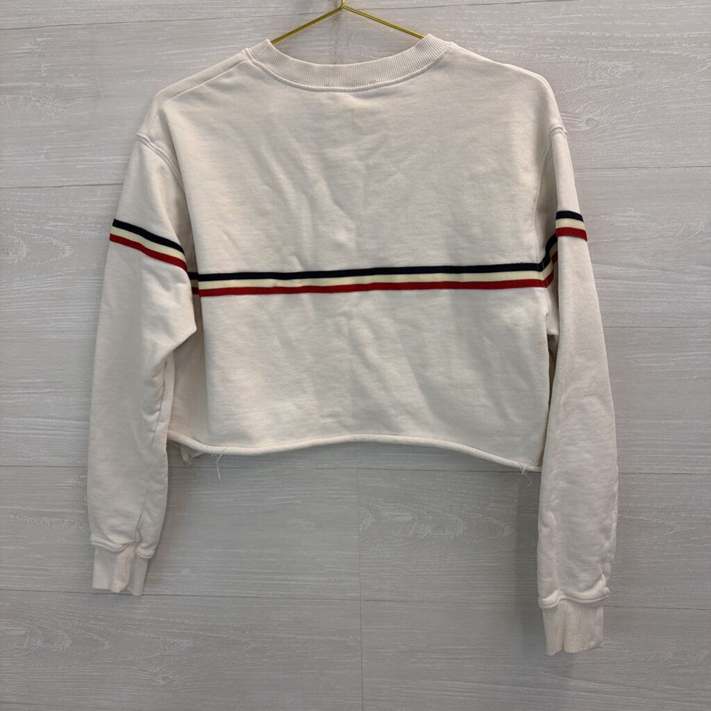 Brandy Melville White/ Navy Red Stripe Cropped Long Sleeve Top Small