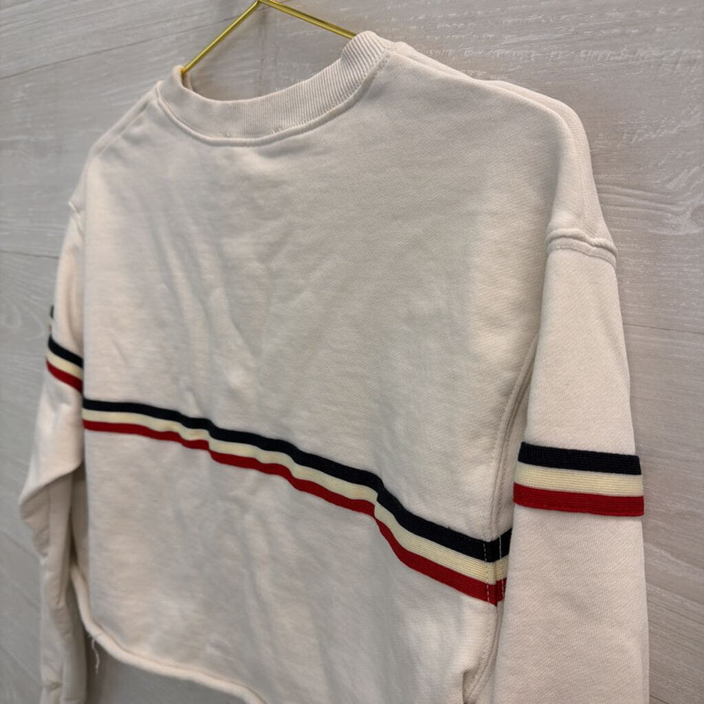 Brandy Melville White/ Navy Red Stripe Cropped Long Sleeve Top Small