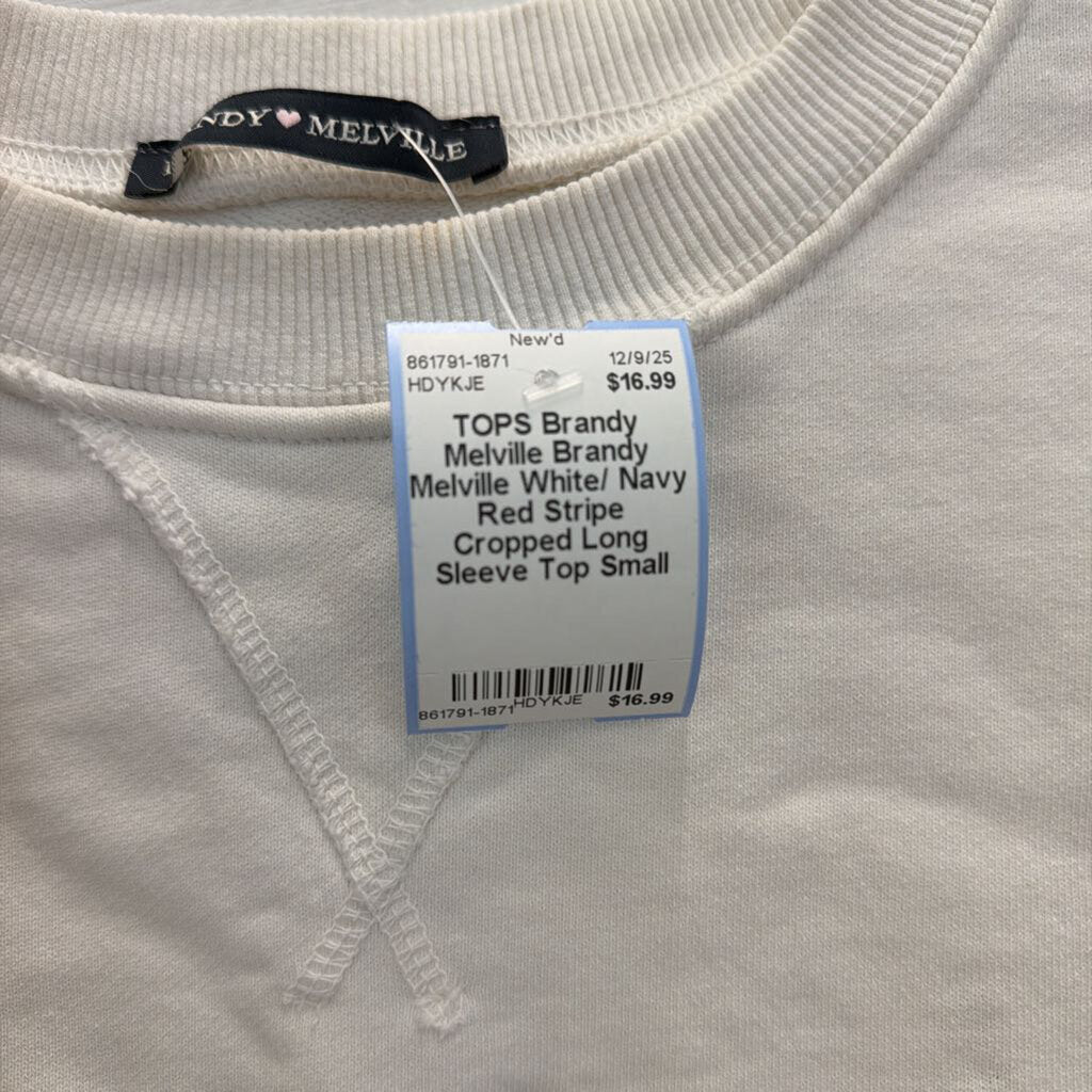 Brandy Melville White/ Navy Red Stripe Cropped Long Sleeve Top Small